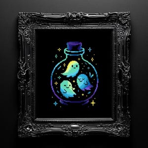 Ghosts in a Bottle Cross Stitch Pattern: Neon Halloween Embroidery (Digital Download PDF) P212