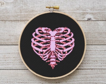 Skelett Herz Kreuzstich Muster, Pink Gothic Stickerei DIY (Digitaler Download PDF)