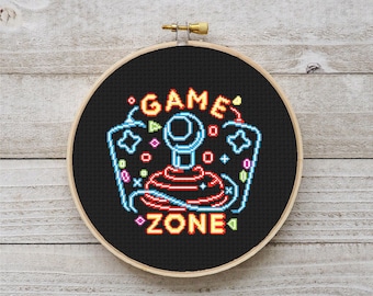 Neon Video Game Cross Stitch Pattern: 8-bit Gamer Embroidery DIY (Digital Download PDF)