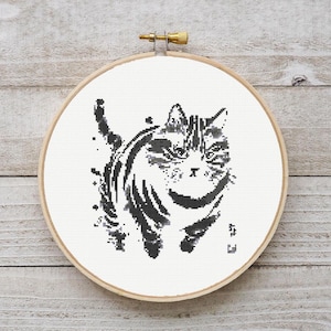 Japanese Ink Cat Cross Stitch Pattern: Abstract Embroidery DIY (Digital Download PDF) P176