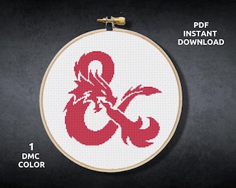 May include: A red and white cross-stitch pattern of a dragon curled around the ampersand symbol. The pattern is in a wooden embroidery hoop. The text "PDF INSTANT DOWNLOAD" is in the top right corner. The text "1 DMC COLOR" is in the bottom left corner.