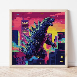 May include: A pixelated image of Godzilla standing in a city with a pink, yellow, and blue sunset in the background.