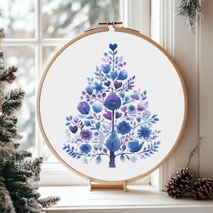 Blue Christmas Tree Cross Stitch Pattern: Winter Christmas Embroidery DIY (Instant Download PDF) P94