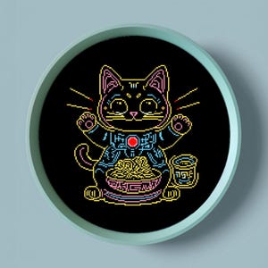 Lucky Cat Cross Stitch Pattern, Neon Cross Stitch Chart, Kawaii Cross Stitch, Digital Download PDF, Modern Cross Stitch, Embroidery DIY P108