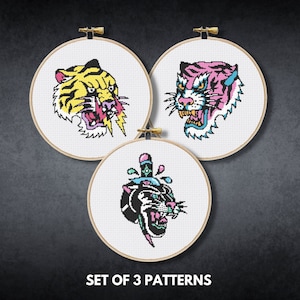 3er Set Tattoo Kreuzstich Muster, moderne Kreuzstichmuster, digitaler Download PDF, Tiger Kreuzstichvorlage, einfaches Kreuzstich, Stickerei DIY