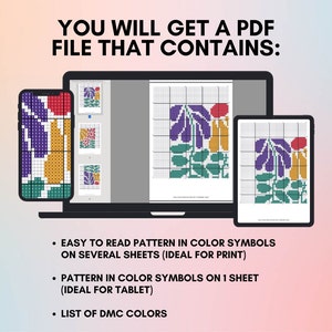 May include: A digital illustration of a cross-stitch pattern featuring a stylized flower with purple, yellow, green, and red colors. The image shows a phone and a laptop screen displaying the pattern, which is available as a PDF download. The PDF includes the pattern in color symbols on multiple sheets for printing and a single sheet for tablets, as well as a list of DMC colors.