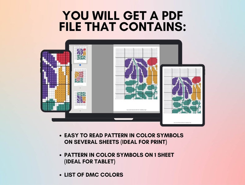 May include: A digital illustration of a cross-stitch pattern featuring a stylized flower with purple, yellow, green, and red colors. The image shows a phone and a laptop screen displaying the pattern, which is available as a PDF download. The PDF includes the pattern in color symbols on multiple sheets for printing and a single sheet for tablets, as well as a list of DMC colors.