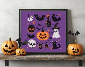 Halloween korsstygnsmönster, broderi, pumpakorsstygn, hemsökt korsstygn, digital PDF, modernt korsstygn, gör-det-själv-broderi P50