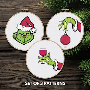 Set of 3 Christmas Grinch Cross Stitch Patterns, Christmas Cross Stitch Pattern, Holiday Cross Stitch,Santa Cross Stitch PDF, Embroidery DIY