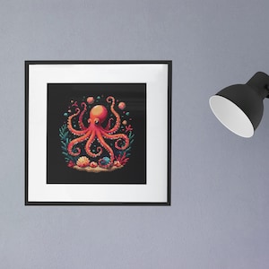 May include: A framed digital art print of an orange octopus surrounded by coral and seashells on a black background.