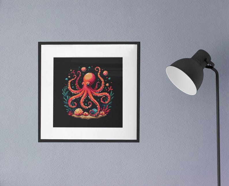 May include: A framed digital art print of an orange octopus surrounded by coral and seashells on a black background.