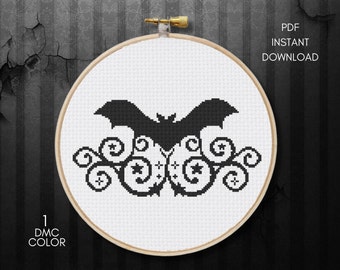 Gothic Bat Cross Stitch Pattern, Halloween Embroidery DIY (Digital Download PDF)