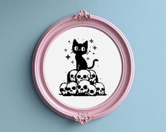 Patrón de punto de cruz de gato negro y calaveras - Halloween