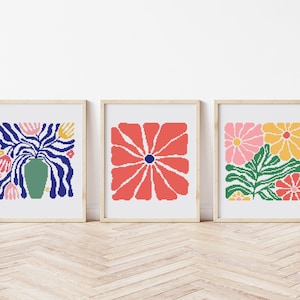 Set Of 3 Floral Cross Stitch Pattern, Flowers Cross Stitch Chart, Digital Download PDF, Embroidery, Modern Cross Stitch, DIY