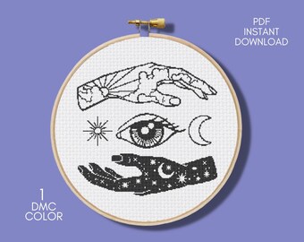 Witchy Mystic Cross Stitch Pattern, Celestial Modern Embroidery DIY (Digital Download PDF)