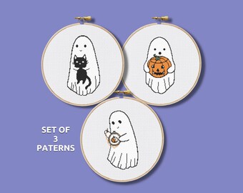 Set of 3 Halloween Ghost Cross Stitch Pattern, Halloween Embroidery Chart (Digital Download PDF)
