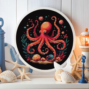 Octopus Cross Stitch Pattern, Sea Cross Stitch, Whimsical Cross Stitch Chart, Digital Download PDF, Embroidery DIY, Modern Cross Stitch P125