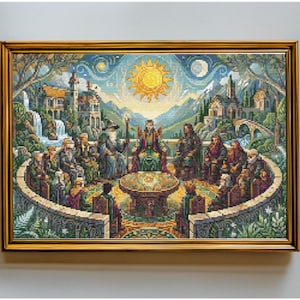 May include: A framed cross-stitch embroidery depicting a fantasy council scene with multiple figures seated around a circular table. The artwork features a bright yellow sun, a crescent moon, mountains, waterfalls, and stone architecture in a vibrant color palette.