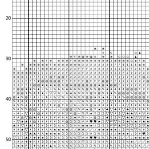 K&ouml;nnte beinhalten: Schwarz-wei&szlig;es Kreuzstich-Musterdiagramm mit Symbolen f&uuml;r verschiedene Formen, darunter Sterne, Herzen, Monde und Dreiecke.