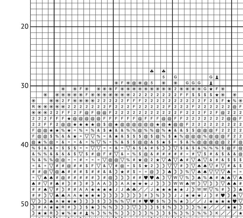 K&ouml;nnte beinhalten: Schwarz-wei&szlig;es Kreuzstich-Musterdiagramm mit Symbolen f&uuml;r verschiedene Formen, darunter Sterne, Herzen, Monde und Dreiecke.