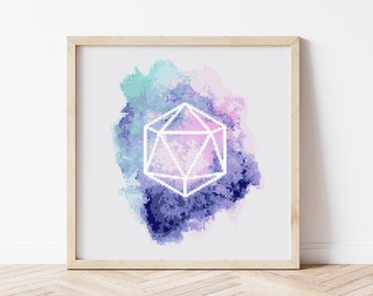 Modèle de point de croix Donjons et dragons, broderie aquarelle dragon D&D D20 (téléchargement numérique au format PDF)