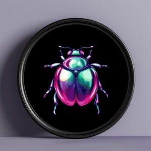 May include: A pixelated image of a beetle with a green, blue, and pink iridescent shell on a black background.