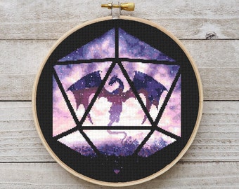 Dungeons and Dragons Cross Stitch Pattern, Galaxy D&D Dice D20 Embroidery (Digital Download PDF)