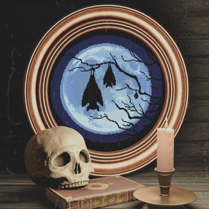 Full Moon Cross Stitch Pattern, Bats Cross Stitch Chart, Night Cross Stitch PDF, Instant Download PDF, Modern Cross Stitch, Embroidery, DIY