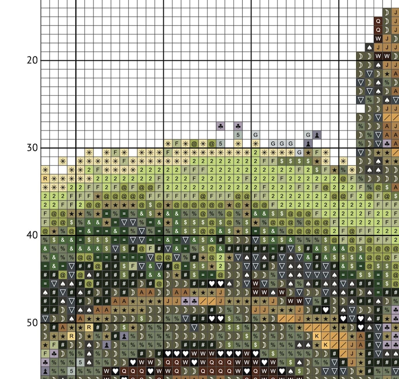 K&ouml;nnte beinhalten: Kreuzstich-Musterkarte mit einem gr&uuml;nen, braunen und gelben Farbschema. Die Karte enth&auml;lt Symbole und Buchstaben, um verschiedene Farben und Stiche darzustellen. Das Muster ist f&uuml;r eine Landschaftsszene mit einem Gebirge im Hintergrund.