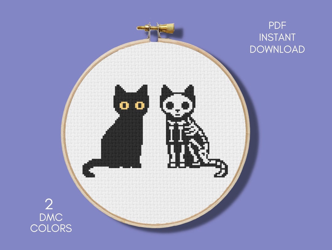 Black Cat Skull Cross Stitch Pattern, Halloween Embroidery (PDF Pattern ...