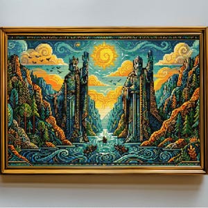 May include: A framed cross-stitch embroidery depicting two towering stone statues standing on opposite sides of a river. The scene features a bright yellow sun, swirling clouds, rocky cliffs, and a small boat on the water in a vibrant color palette.