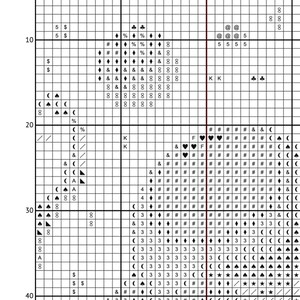 May include: Black and white cross stitch pattern chart with symbols for a heart design. The chart includes symbols for hearts, spades, clubs, diamonds, stars, and other shapes.