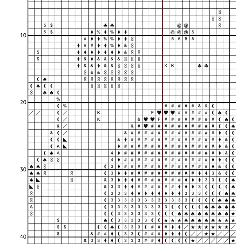 May include: Black and white cross stitch pattern chart with symbols for a heart design. The chart includes symbols for hearts, spades, clubs, diamonds, stars, and other shapes.