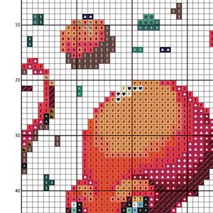 May include: Cross stitch pattern featuring a red, orange, and yellow flower with a green stem and leaves. The pattern is on a white grid background.