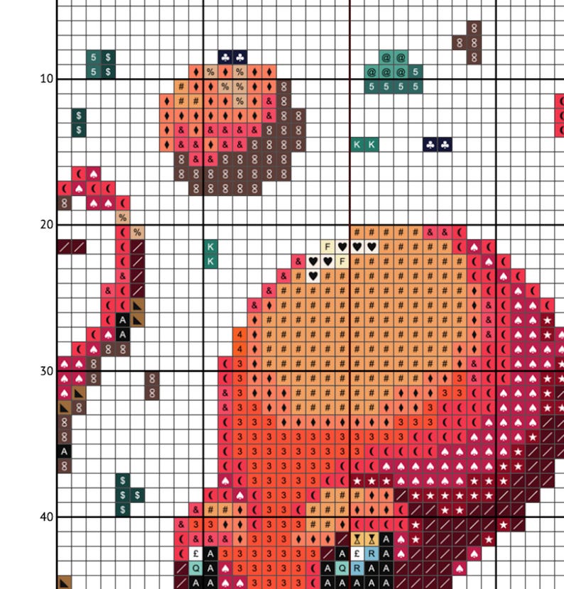 May include: Cross stitch pattern featuring a red, orange, and yellow flower with a green stem and leaves. The pattern is on a white grid background.