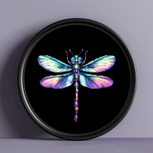 May include: A colorful iridescent dragonfly with purple, blue, and green wings against a black background.