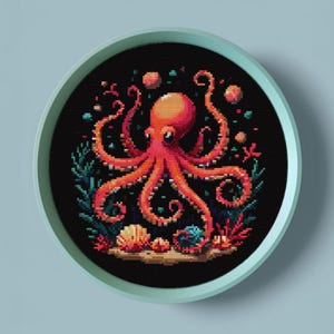 May include: A cross-stitch embroidery design featuring a red octopus with eight tentacles surrounded by coral, seashells, and bubbles on a black background.