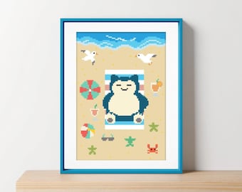 Snorlax Cross Stitch Pattern: Video Game Cartoon Embroidery (Digital Download PDF) P204
