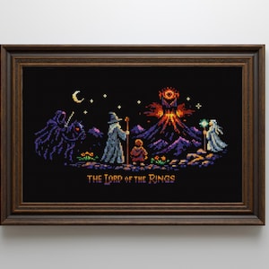 May include: Framed pixel art depicting a scene from "The Lord of the Rings." The artwork features characters, a volcano, and the text "THE LORD OF THE RINGS" in gold. The frame is a dark brown color.