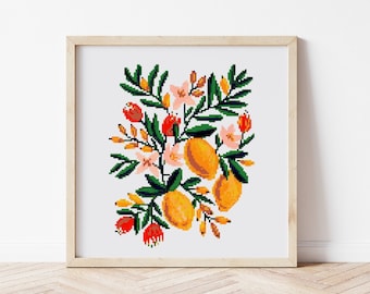 Lemons Floral Cross Stitch Pattern, Summer Fruits Modern Embroidery DIY Digital Download PDF)