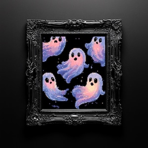 May include: A framed print showing five pixelated ghosts in blue, pink, and white on a black background. The ghosts have simple faces and are surrounded by white dots. The frame is ornate and black, adding a gothic touch.