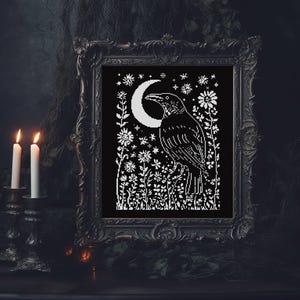 Raven Cross Stitch Pattern, Gothic Crow Cross Stitch, Spooky Halloween Embroidery, Instant Digital Download, Horror Cross Stitch PDF, P73