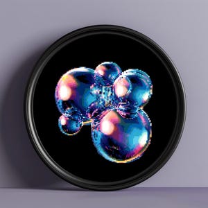 May include: A cluster of iridescent bubbles, with a rainbow effect, against a black background. The bubbles are arranged in a loose, organic shape, and they appear to be floating in mid-air.