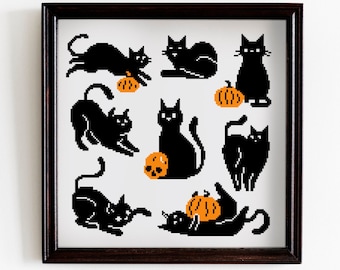 Halloween Cats Cross Stitch Pattern, Pumpkin Embroidery DIY (Digital Download PDF)