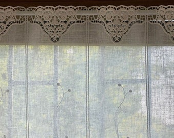 Embroidered Premium Linen Sheer White Cafe Curtain. 18" (45cm) Long