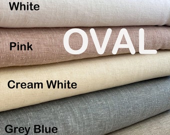 Ovaal kreukvrij linnen tafelkleed en bijpassende servetten. Opties voor kleur en aangepast formaat Rond, Rechthoek, Vierkant, Wit, Bruin, Crème, Grijs Blauw, Roze