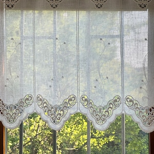 Embroidered Linen Cafe Curtain White Sheer. 18&quot; (45cm) and 24&quot;(60cm) Height Options. Extra Wide Premium Curtain