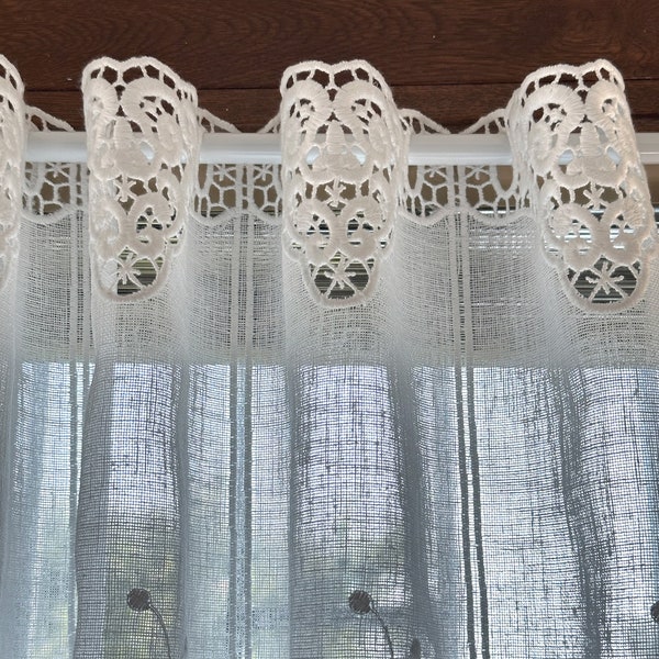 Embroidered Premium Linen Sheer White Cafe Curtain. 18" (45cm) Long