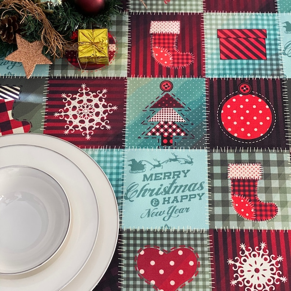 Christmas Tablecloth, Patchwork, Xmas Gift, Rectangle Round Square Oval, Home Decor, Snowflakes, Winter Holiday Easy to Clean Table Cover