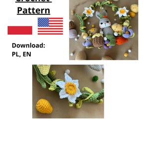 Corona de Pascua de crochet, decoración del hogar, regalo, tutorial DIY, patrón de conejito amigurumi (descarga digital)